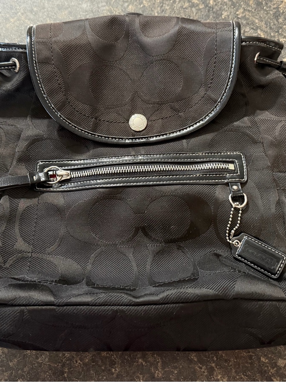 Y2K Coach Black Signature Drawstring Backpack with Front Zip Pocket